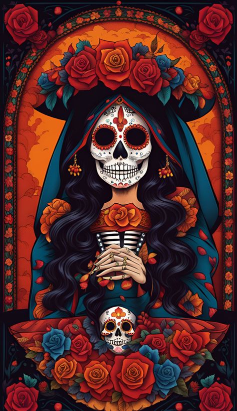 Sugar Skulls Wallpaper, Catrina Wallpaper, Mexican Sugar Skull Art Beautiful, Day Of The Dead Wallpaper, Katrina Wallpaper, Santa Muerte Art, Day Of The Dead Illustration, Mexican Art Traditional, Sugar Skull Art Drawing