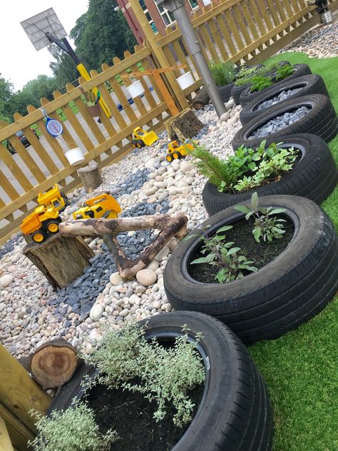 Tyres In Garden Ideas, Tyres Recycle Garden, Outdoor Classroom Garden, Construction Play Area Outdoor, Dirt Pit For Kids Outdoor Play, Tyres Eyfs Outdoor Areas, Sensory Backyard Ideas, Rock Pit Play Area, Outdoor Truck Play Area For Kids