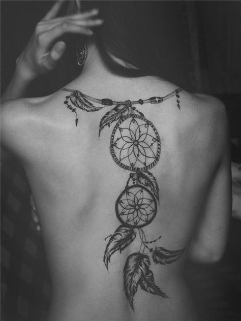 Dreamcatcher Tattoo Back, Tatuaje Trash Polka, Back Tattoo Women Spine, Dream Catcher Tattoo Design, Back Of Neck Tattoo, Dream Catcher Tattoo, Back Tattoo Women, Spine Tattoos, Tattoo Designs And Meanings