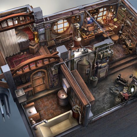 Steampunk Apartment Concept Art, Inventor Room Concept Art, Steampunk Room Concept Art, Steampunk Architecture Interiors, Steampunk Interior Concept Art, Steampunk Room Aesthetic, Steampunk Workshop Concept Art, Steam Punk Interior Design, Steam Punk Architecture