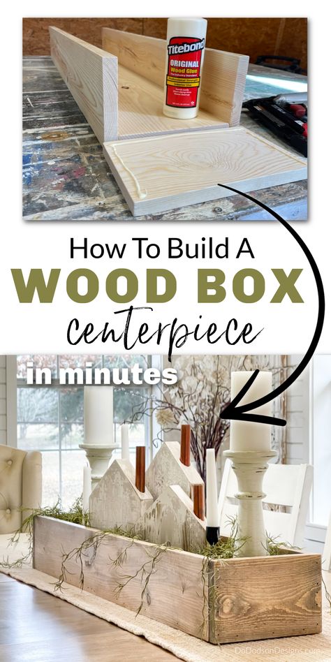 Building this DIY wood box out of scrap wood took me minutes. I'm using it as a centerpiece on my dining room table. Simple home decor in minutes! Learn how to make one for your home on my blog. How To Make Wood Crates, Diy Farmhouse Centerpiece For Table, Old Scrap Wood Projects, Dining Room Table Centerpiece Ideas Tray, How To Make A Wooden Box Diy, Wood Boxes Diy, Diy Wood Centerpieces, Wood Table Centerpieces, Wood Box Diy