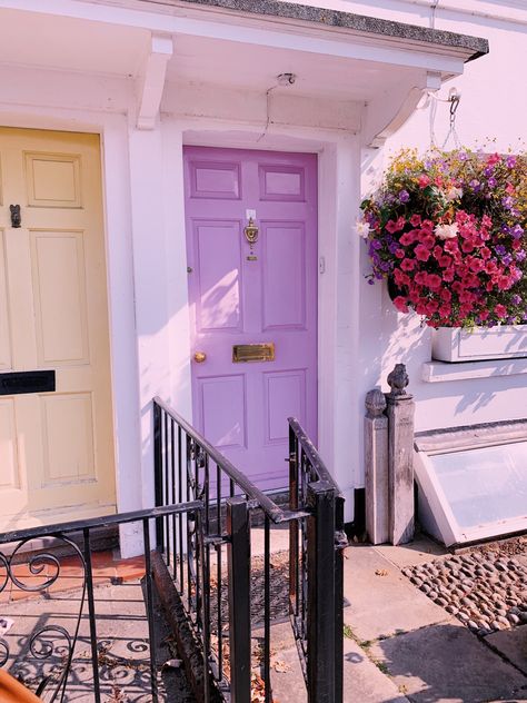 #exteriordesignideas #door #lilac @adelewhitehead Lilac Front Door, Lilac Door, Lavender Front Door, Decorating Aesthetic, Bright Front Doors, Colourful House, Colorful Doors, Flower Door, Salon Ideas