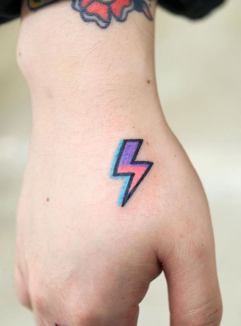 Colorful Lightning Tattoo Lightning Bolt Tattoo Color, Thunderbolt Tattoo, Colorful Lightning, David Bowie Tattoo, Trippy Tattoo, Lightning Bolt Tattoo, Eyeball Tattoo, Lightning Tattoo, Bolt Tattoo