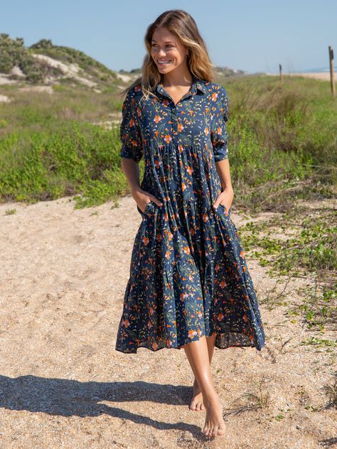 Navy Orange Floral Rebecca Dress – Natural Life Burnt Orange Dress, Comfy Wear, Effortless Outfit, Boho Dresses, Dress Dusty, Navy Midi Dress, Cute Clothes, Comfy Dresses, How To Make Clothes