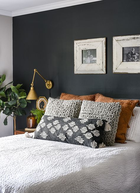 Rust Orange Home Decor, Dark Teal And Rust Bedroom, Dark Gray And Rust Bedroom, Navy And Rust Master Bedrooms Decor, Grey Cream Rust Bedroom, Grey Burnt Orange Bedroom, How To Decorate Black Bedroom Furniture, Dark Gray Guest Bedroom, Dark Accent Wall Bedroom Colors