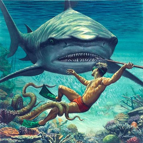 Horror Art | parlor of horror Adventure Magazine, Shark Art, Underwater Art, Adventure Art, Pulp Art, Smart Board, Sea Monsters, Norman Rockwell, Cthulhu