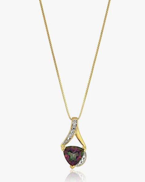 PENDANT NECKLACE - This yellow gold flashed sterling silver trillion cut gemstone with accent diamond pendant necklace is stamped with "925" to ensure authenticity and exceptional quality. GEMSTONES & DIAMONDS - Mystic Fire Topaz is the birthstone of November. This necklace is accented with a diamond. The natural properties and composition of mined gemstones define the unique beauty of each piece. The image may show slight differences to the actual stone in color and texture. Mystic Fire Topaz, Diamond Pendent, Solitaire Pendant Necklace, Pendent Necklace, Unique Beauty, Solitaire Pendant, February Birth Stone, Diamond Pendant Necklace, Box Chain