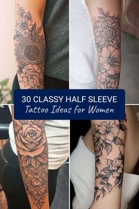 Explore over 30 classy half sleeve tattoo ideas perfect for women looking to express their femininity with style. These stunning tattoos combine artistic creativity with elegance, ranging from floral designs to intricate geometric patterns. Whether you're celebrating personal milestones or showcasing your unique personality, you'll find inspiration in modern half sleeve tattoos. Discover how these classy designs can speak volumes about self-expression, making a meaningful statement while maintaining a timeless aesthetic. Women’s Floral Half Sleeve Tattoo, Women’s Quarter Sleeve Tattoo Ideas, Women’s Full Tattoo Sleeve, Sleeve Tattoo Inspo For Women, Arm Tattoos For Women Half Sleeves, Full Sleeve Floral Tattoos Women, Tattoo Cover Up Ideas For Women Arm Half Sleeves, Women’s Half Sleeve, Women Sleeve Tattoo Ideas Classy