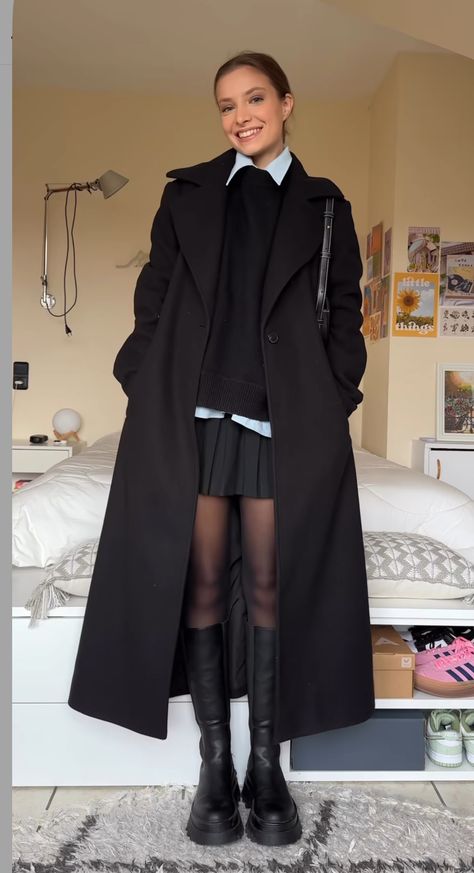 Dress And Jumper Outfit Winter, Winter Play Outfits, Club Outfit For Cold Weather, Silky Dress Outfit Winter, Black Coat And Skirt Outfit, Deatheaters Aesthetic Outfits, Black Coat With Skirt, Late Autumn Outfit, Winter Skirt Outfits Women