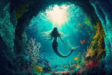 Fantasy Underwater, Underwater Tattoo, Mermaid Man, Mermaid Artwork, Underwater Painting, Fantasy Mermaids, Magic Land, Fantasy Mermaid, Mermaid Lagoon