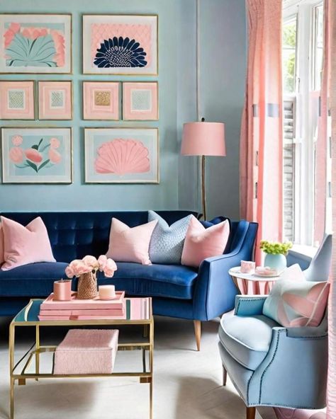 Blue color schemes from bold to understated, will inspire you how to incorporate color in classic & unexpected ways! • Blue & Orange • Blue & Pink • Navy Blue & Cream • Light Blue & White *Stock photos* #interiordesign #colorscheme #blues #experiencebellepatri Pink And Blue Lounge, Navy House Interior Color Schemes, Pink Blue Home Decor, Pink And Blue House Decor, Pink And Blue Interior Design, Pink And Blue Interior, Navy Blue And Pink Living Room, Pink And Blue Living Room Ideas, Living Room Ideas Teal