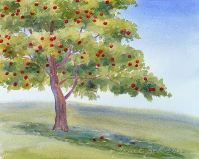 Apple Tree Painting, Apple Tree Drawing, Painted Apple, Tree Wallpaper Iphone, Birch Tree Art, Cartoon Trees, Tree Slices, English Art, Watercolor Flowers Paintings