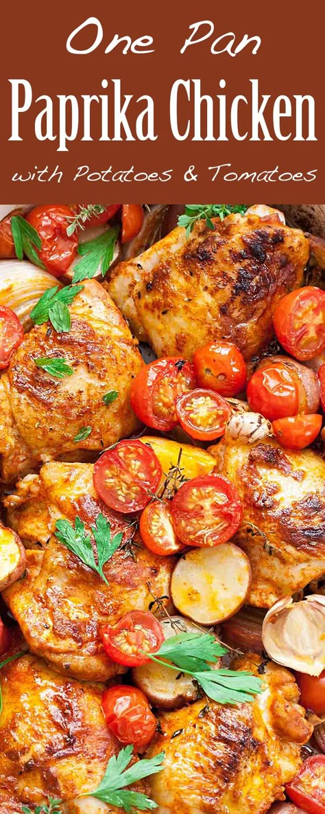 One-pan chicken dinner with potatoes, onions, garlic, cherry tomatoes, and an easy paprika sauce. Dairy-free, gluten-free. 1 hour start to finish! Potato Tomato Recipe, Dinner With Potatoes, Potatoes And Tomatoes, Chicken With Potatoes, Potatoes Tomatoes, Paprika Sauce, Potatoes Onions, Potato Dinner, Tomatoes Recipe