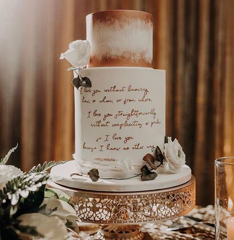 Beautiful Ombre gold Two tier wedding cake with Pablo Neruda poem for wedding styeld shoot - Wedding cake written, wedding cake written poem, quotes Wedding Cake With Writing, Cakes Writing Ideas, Wedding Cake With Words Writing, Funny Things Written On Cake, Gold Writing On Cake, Wedding Cake Quotes, Most Beautiful Wedding Cakes, Wedding Cake Two Tier, Two Tier Wedding Cake