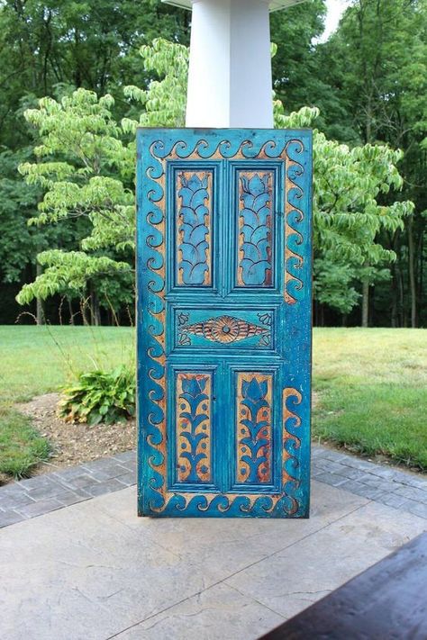 Hand-carved Solid Wood Barn Door, Vintage Blue Exterior, Entrance Front Door, Double,Single, Sliding or Regular interior Doors, Cabinet Door by WoodCraftedByAnton on Etsy Hand Painted Front Door, Turquoise Door Exterior, Painted Doors Creative Bedroom, Unique Interior Doors, Doors Exterior Entrance, Unique Doors Interior, Vintage Front Door, Unique Front Door, Front Door Double