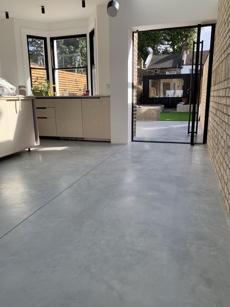 Ashe white N17 Cement Floors In House, White Concrete Floors, Concrete Floors Living Room, Concrete Kitchen Floor, Cement Flooring, Brick Wall Decor, Industrial Style Interior, Acid Stained Concrete, Painted Concrete Floors