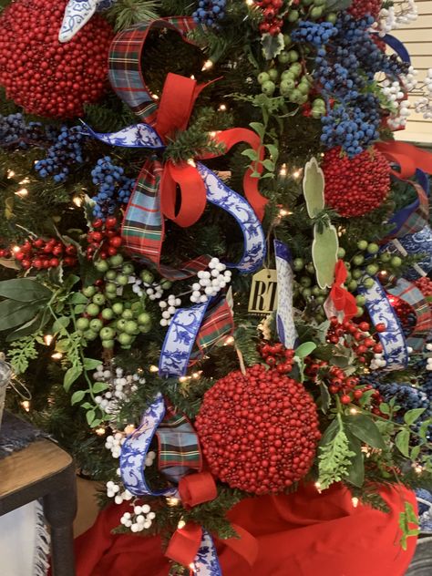 Green Red And Blue Christmas Decor, Red White Blue Christmas Tree Ideas, Red Gold Navy Christmas Tree, Blue Red And White Christmas Tree, Traditional Plaid Christmas Tree, Light Blue And Red Christmas Tree, Red White And Blue Christmas Tree Ideas, Navy Red Green Christmas Decor, Blue Green And Red Christmas Tree