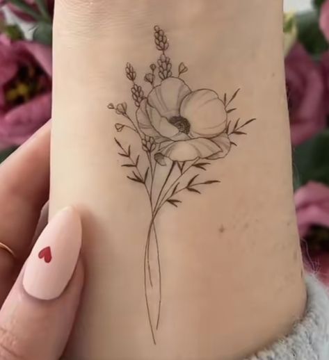 Delicate Poppy Flower Tattoo, June And August Flower Tattoo, August Poppy Tattoo, Bee And Poppy Tattoo, Poppy Ankle Tattoo, Poppy Tattoo Ankle, Poppy And Bee Tattoo, Poppy Leg Tattoo, Boho Floral Tattoo