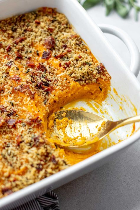 Savory Sweet Potato Casserole with Herbed Bacon Breadcrumbs | PWWB Sage Sweet Potato, Whipped Sweet Potato Casserole, Sweet Potato Recipes For Thanksgiving, Savory Sweet Potato Casserole, Savory Sweet Potato Recipes, Savory Sweet Potato, Whipped Sweet Potatoes, Sweet Potato Thanksgiving, Christmas Meals