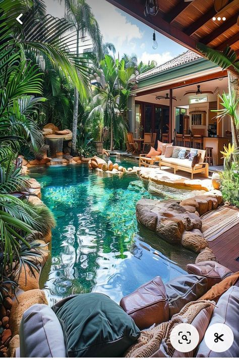 Backyard Tropical Oasis Ideas, Tropical Pool Landscaping, Poolside Lounge, Backyard Layout, Tropical Backyard, Tropical Pool, Tropical Oasis, Backyard Lighting, Backyard Inspiration