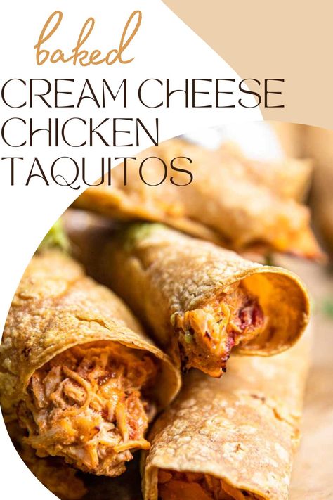 How about a little Mexican-inspired finger food for your next party? Or maybe you need a quick and easy dinner? These crispy baked chicken taquitos are easier to make than you might think, and they're always a hit! Baked Cream Cheese Chicken, Cream Cheese Taquitos, Cream Cheese Chicken Taquitos, Rolled Chicken Tacos, Baked Crispy Chicken, Baked Chicken Taquitos, Homemade Taquitos, Chips And Guacamole, Baked Cream Cheese