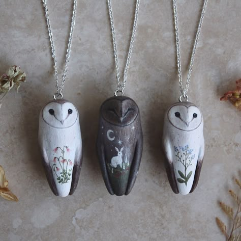 Owl Necklaces, Barn Owl Necklace, Barn Owls, Polymer Clay Animals, Clay Animals, Owl Jewelry, Owl Necklace, 3 Pm, Barn Owl