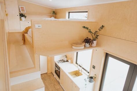 Sustainable Tiny House, Vinyl Cladding, Loft Style Bedroom, Plywood Interior, Tiny House Interior Design, Tiny House Nation, Tiny House Loft, House Loft, Tiny House Trailer