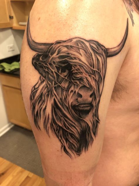 Scottish Highland Cow AKA A Hairy Coo - Jacob Kearney Chicago IL Cow Tattoo Sleeve, Highlander Tattoo, Pictish Tattoo, Highland Cow Tattoo, Cow Things, Scotland Tattoo, Tattoos Foot, Scottish Tattoos, Bull Tattoo