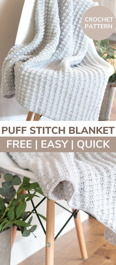 Free Pattern Blanket Crochet, Crochet Blankets Easy Beginner, Puff Stitch Blanket Pattern, Fluffy Blanket Crochet Pattern, Single Stitch Crochet Blanket Pattern Free, Easy Crochet Blanket Size 4 Yarn, 1 Stitch Crochet Blanket, Super Simple Crochet Blanket, Crochet Blanket Pattern For Beginners