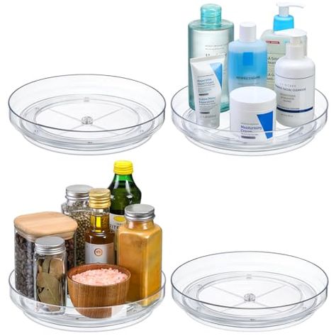 Limited-time deal: Set of 4, 9 Inch Clear Non-Skid Lazy Susan Organizers - Turntable Rack for Kitchen Cabinet, Pantry Organization and Storage, Fridge, Bathroom Closet, Vanity Countertop Makeup Organizing, Spice Rack Bathroom Countertop Organization, Countertop Makeup Organization, Lazy Susan Organization, Rotating Spice Rack, Clear Bins, Lazy Susan Turntable, Countertop Organization, Bathroom Closet, Bathroom Countertop