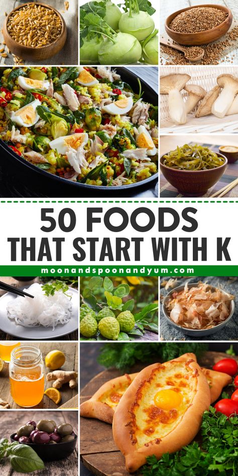 In this post, we’re exploring 50 foods that all start with the letter K. And if you’ve never heard of some of these foods, find out what they are and how you can use them in this article. Dishes That Start With K, Food That Starts With Letter K, Gluten Free Family Meals, K Names, The Letter K, Yum Recipes, Gluten Intolerance, Healthy Gluten Free, Letter K