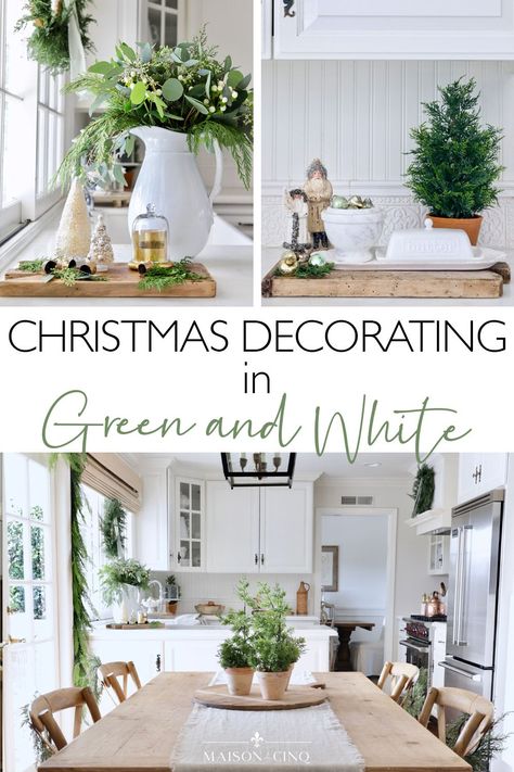 Looking for ideas for Christmas decorating? We decked out the kitchen in shades of sage green and white, along with lots of greenery, for a serene but festive take on the season! Soft & Subtle Holiday Decor ideas ---> #maisondecinq christmasdecor holidaydecor neutralchristmas frenchfarmhouse frenchcountry europeanfarmhouse countryfrench frenchchristmas frenchcountrychristmas Sage Green Christmas Decor, Parisian Christmas Decor, Shades Of Sage Green, French Country Christmas Decor, Vintage Terracotta Pots, Holiday Decor Ideas, French Country Christmas, Cozy Christmas Decor, Christmas Entertaining