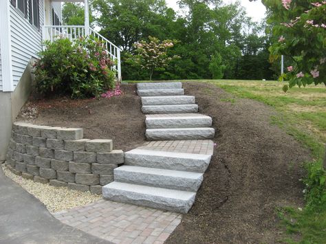 front yard stone walkways | Walkway, Retaining Wall, Granite Steps and Brick Headwall – Kingston ... Steps In Yard Walkways, Block Retaining Wall With Steps, Steps From Driveway To Front Door, Front Walkway With Steps, Front Walkway Paver Ideas, Paver Steps On Slope, Retaining Wall With Steps, Landscape Edging Stone, Sloped Front Yard