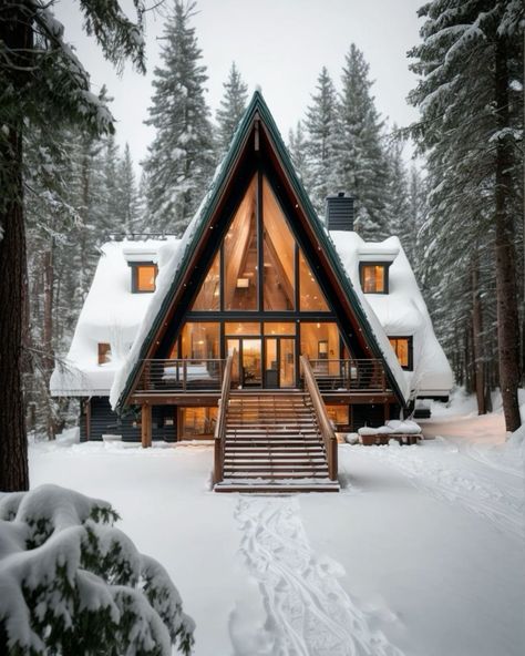 Scandinavian Mountain House, Scandinavian Wooden House, A Frame Cabin Interior, Natural Pathway, Triangular House, Colorado Cabin, Cozy Cabin In The Woods, A Frame Cabin Plans, Snowy Cabin