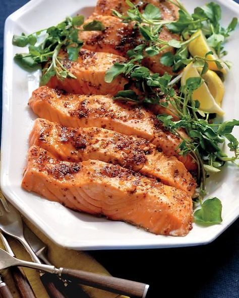 Salmon with Brown Sugar and Mustard Glaze Recipe Broiled Salmon, Salmon Recipe, Think Food, Grilled Salmon, Fish Dishes, Seafood Dishes, Salmon Recipes, I Love Food, Fish Recipes