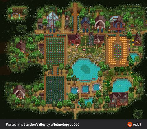 Forest Farm Layout, Stardew Valley Farm, Cottagecore Farm, Stardew Farms, Forest Farm, Dreamy Forest, Stardew Valley Layout, Stardew Valley Tips, Types Of Farming