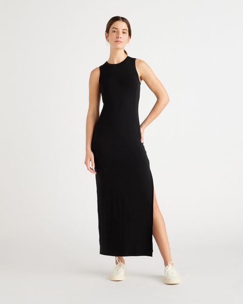 This sleeveless, scoop neck maxi-length Tencel™ dress is perfection. So comfy and versatile, with a bit of stretch for the perfect fit. Tencel™ lyocell is a biodegradable fabric made from cellulose found in wood pulp. It is softer, more breathable, and uses 10-20 times less water in production compared to cotton. Capsule Packing, Tencel Dress, Silk Tee, Summer Capsule, Tank Maxi Dress, Build A Wardrobe, Maxi Slip Dress, Quince Dresses, Bodycon Fashion