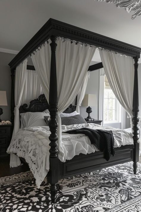 29 Canopy Bed Ideas for a Dreamy Bedroom Four Poster Bed With Curtains, Black Wood Bed Frame, French Canopy Bed, Black Wood Bed, Black Canopy Bed, Canopy Bed Ideas, Design A Bedroom, Four Post Bed, Wood Canopy Bed