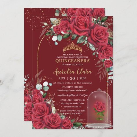 Quinceañera Enchanted Red Rose Floral Princess Invitation Quinceanera Red, Charro Quince, Girls Yellow Dress, Quinceañera Invitation, Princess Invitation, Red Quince, Lollipop Party, Princess Invitations, Blue Invitation