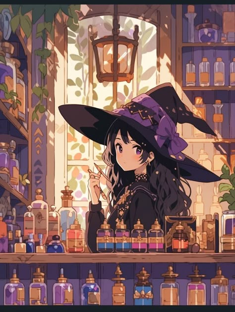 Autumn Aesthetic Art Anime, Witch Anime Wallpaper, Witch Shop Art, Gothic Witch Art, Witch Anime Art, Witch Art Aesthetic, Witch Art Drawing, Halloween Anime Art, Cute Witch Art