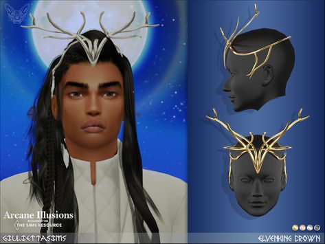 Sims 4 — Arcane Illusions - Elvenking Crown by feyona — I was inspired by the crown worn by Thranduil from The Hobbit. It Elf Crown, Los Sims 4 Mods, Sims Medieval, Sims 4 Studio, Sims 4 Characters, Sims 4 Downloads, Sims 4 Cc Furniture, Sims Hair, Sims 4 Mods Clothes