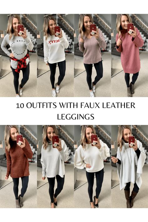 10 Outfits With Faux Leather Leggings Leather Leggings Sweatshirt Outfit, Sweatshirt And Leather Leggings Outfit, Leggings And Sweatshirt Outfit, Outfits With Faux Leather Leggings, Leather Leggings Outfit, Tunic Leggings, Shoes For Leggings, Sweatshirt Outfit, Sweaters And Leggings