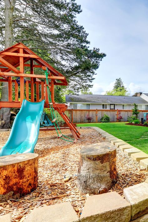 Wood Chip Play Area, Play Area Outside, Play Area Backyard, Play Structure, Wood Chips, Play Areas, Retaining Walls, Play Area, Park Slide