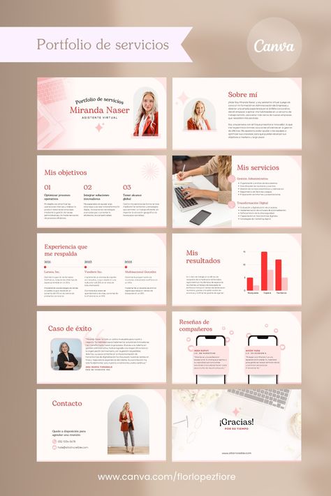 Plantilla editable para portfolio de asistente virtual, nomáda digital y freelancer. #aesthetic #rosa #rojo #slides #trabajoremoto #emprendimiento #marketing #marketingdigital Professional Portfolio Ideas, Digital Marketer Portfolio, Freelancer Aesthetic, Digital Marketing Portfolio, Aesthetic Rosa, Business Model Canvas, Ebook Template, Template Instagram, Community Manager