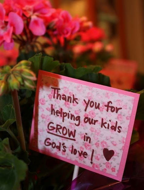 thank you for helping our kids GROW in God's love!  {perfect for religion teacher} Teacher Appreciation Ideas, Sunday School Teacher Gifts, Happy Home Fairy, Volunteer Gifts, Pastors Appreciation, Appreciation Ideas, Sunday School Teacher, End Of School Year, School Teacher Gifts