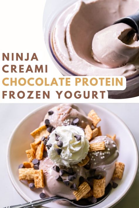 You won’t believe how easy this chocolate protein frozen yogurt is to make! Plus it uses only 2 ingredients. Less than 300 calories and 37g of protein for the entire pint?! Yes please! Protein Frozen Yogurt, Chocolate Frozen Yogurt, Ninja Creami Recipes, Sugar Free Whipped Cream, Ninja Ice Cream Recipe, Protein Ice Cream Recipes, Frozen Yogurt Recipes, Chocolate Almond Milk, Healthy Ice Cream Recipes