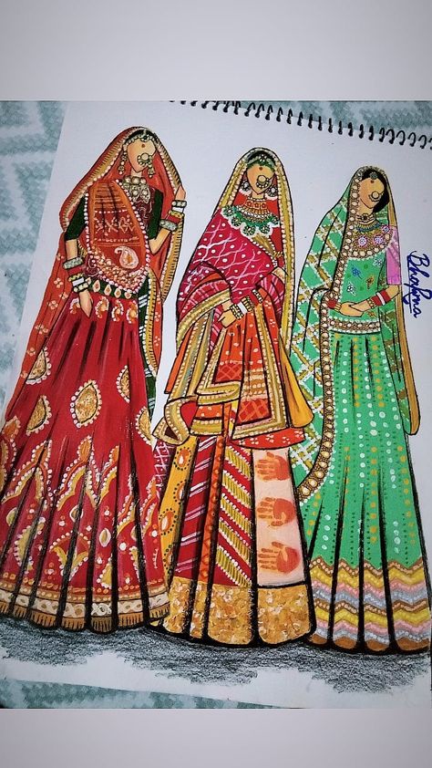 Rajputi Poshak Illustration, Rajasthani Dress Drawing, Padmavati Deepika Dress, Desi Sketch, Padmavati Look, Rajasthan Illustration, Dress Illustration Design, Bride Fashion Illustration, Costume Illustration