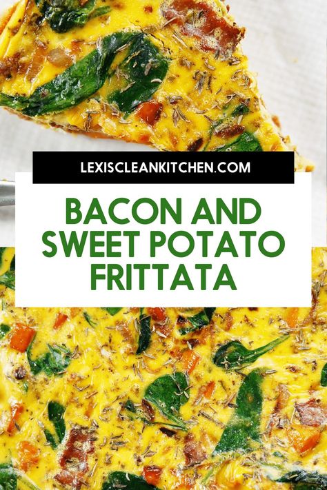 Hello perfect weekend brunch! This Bacon and Sweet Potato Frittata is just what a lazy Sunday morning breakfast calls for. It’s quick and simple and also free from dairy and gluten. And bonus: it's freezer-friendly for a make-ahead breakfast. Sweet Potato Frittata, Bacon Frittata, Potato Frittata, Lexi's Clean Kitchen, Sunday Morning Breakfast, Sweet Potato Spinach, Lazy Sunday Morning, Spinach Egg, Sweet Potato Breakfast