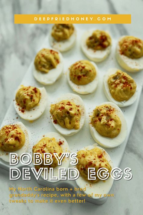 Bobby's Deviled Eggs is my grandaddy's #recipe (I tweaked it a bit) and it makes some of the best Southern-style deviled eggs you'll ever eat! #deepfriedhoney #southernfood #deviledeggs Black People Deviled Eggs Recipe, Hot Taco Dip, Easy Home Cooked Meals, Recipes Eggs, Devil Eggs, Fried Deviled Eggs, Dorito Casserole, Devilled Eggs, Steak And Onions