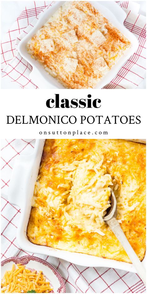 Classic Delmonico Potatoes recipe is a make-ahead casserole and the perfect side dish for beef, pork, or chicken. Easy, & so delicious! Simply Potatoes Recipes, Delmonico Potatoes, Potato Side Dishes Easy, Cheesy Potatoes Recipe, Simply Potatoes, Delicious Sides, Shredded Potatoes, Party Cooking, Football Snacks